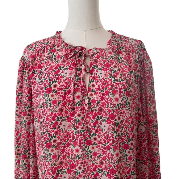Cynthia Rowley Women's 3X Pink Floral Curvy PLUS Relaxed Flowy Tie-Neck Blouse - Picture 2 of 4